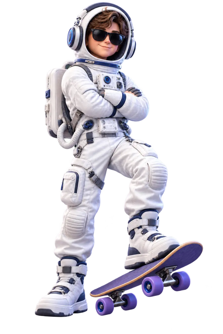 Jack as an astronaut wearing sunglasses and headphones, with one foot on a skateboard